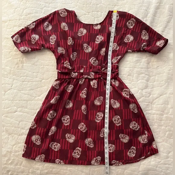 XHILARATION SUGAR SKULL PRINT FIT AND FLARE MINI DRESS RED size S - Picture 6 of 8